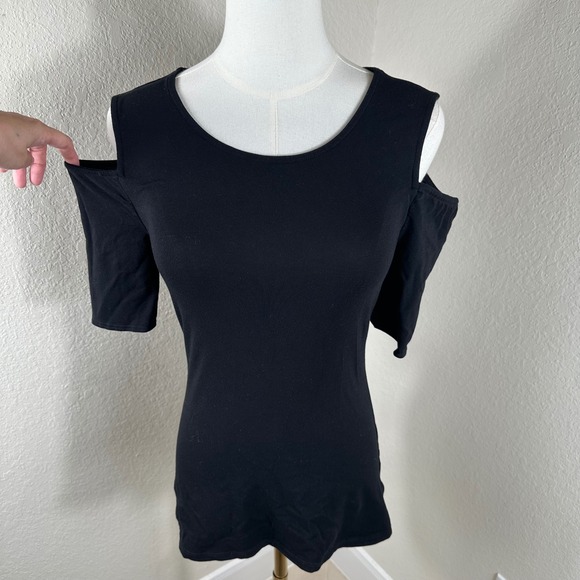 Express Tops - Express Cold Shoulder Top Women S Black Solid Knit Short Sleeve Edgy Minimalist